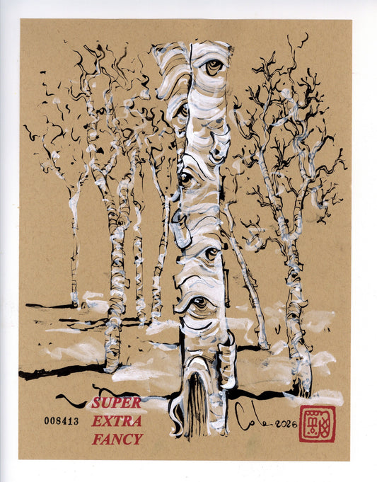 Birches #8413 — 9x12 inch original ink-brush drawing of a birch stand in white and black ink with knot-eyes on the trunks, on kraft paper