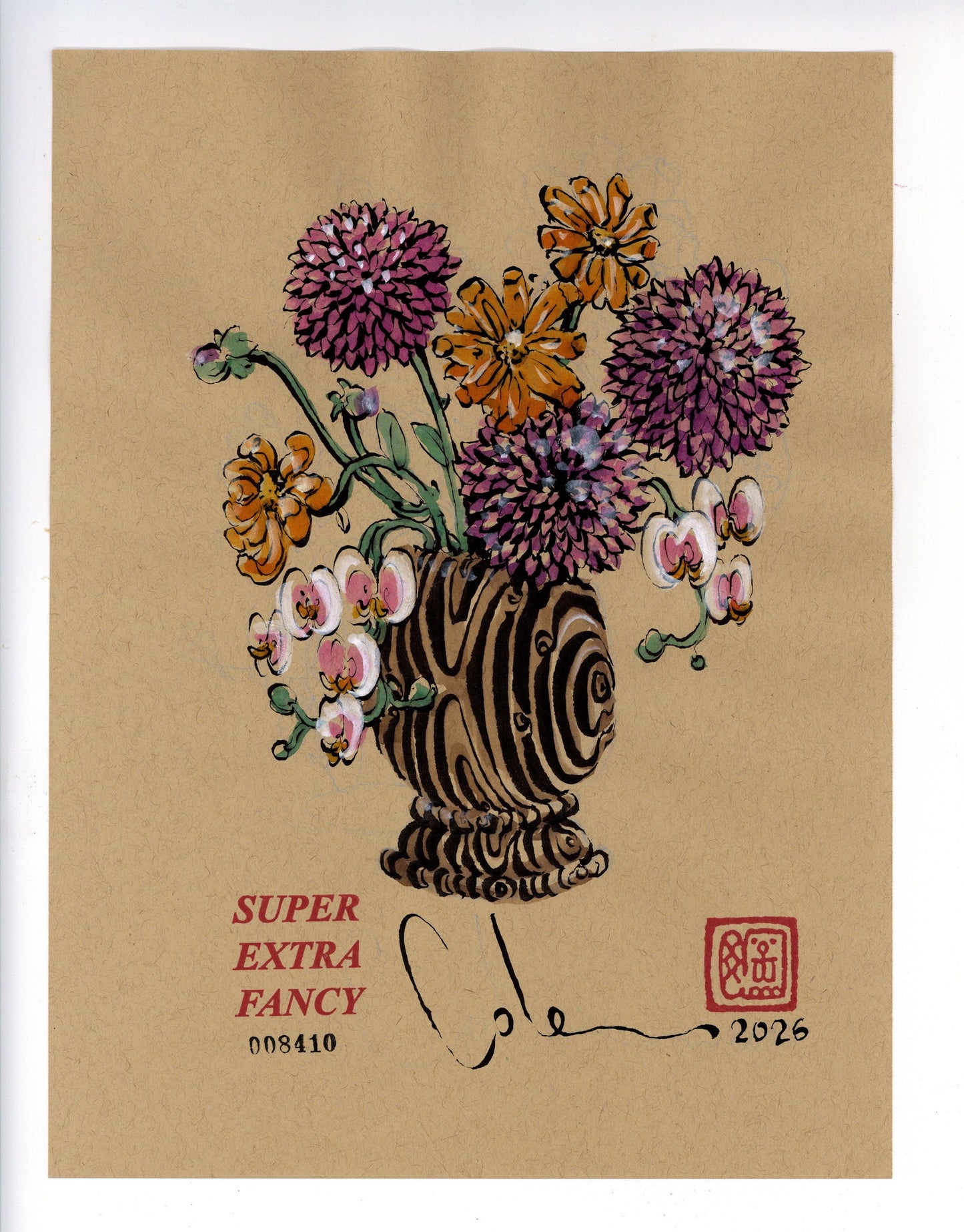 Chrysanthemum Vase #8410 — 9x12 inch original ink-brush drawing of a ribbed wood-grain urn with purple chrysanthemums, orange daisies and pink orchids on kraft paper