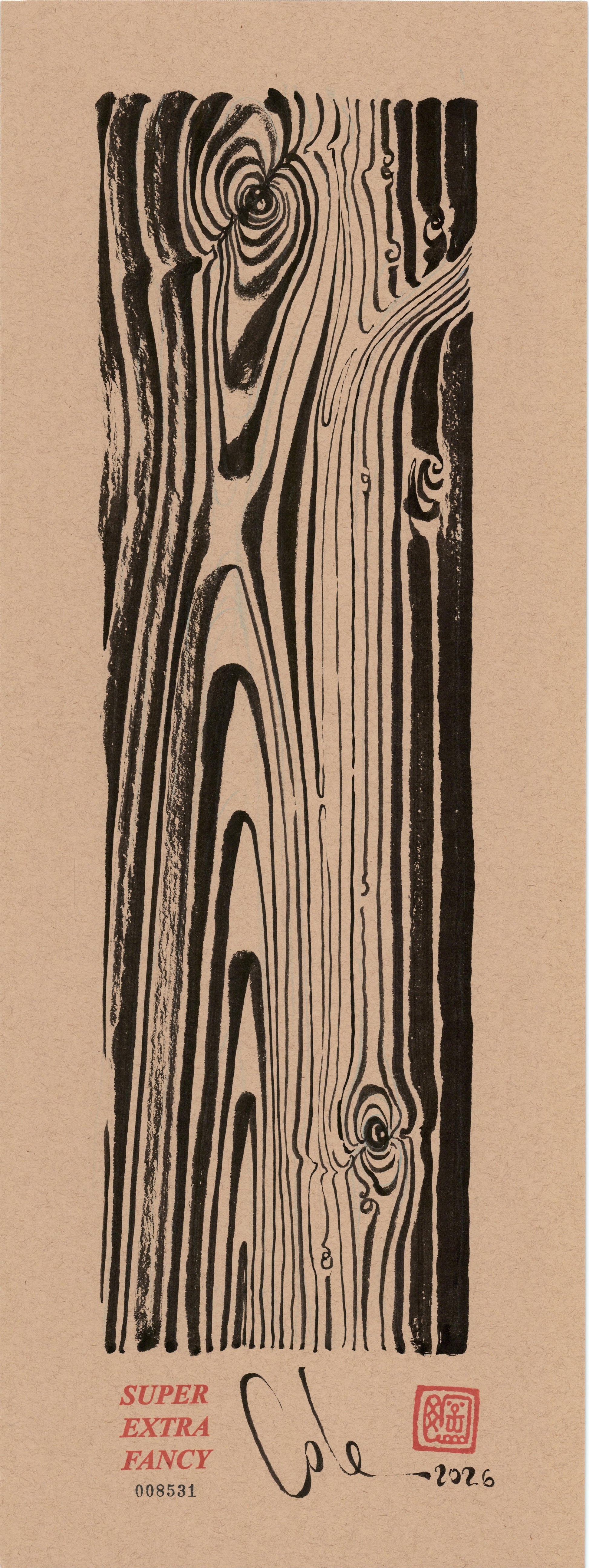 Cathedral Grain #8531 — 9x24 inch original black ink-brush drawing of a plank with a spiral knot and cathedral grain, on kraft paper
