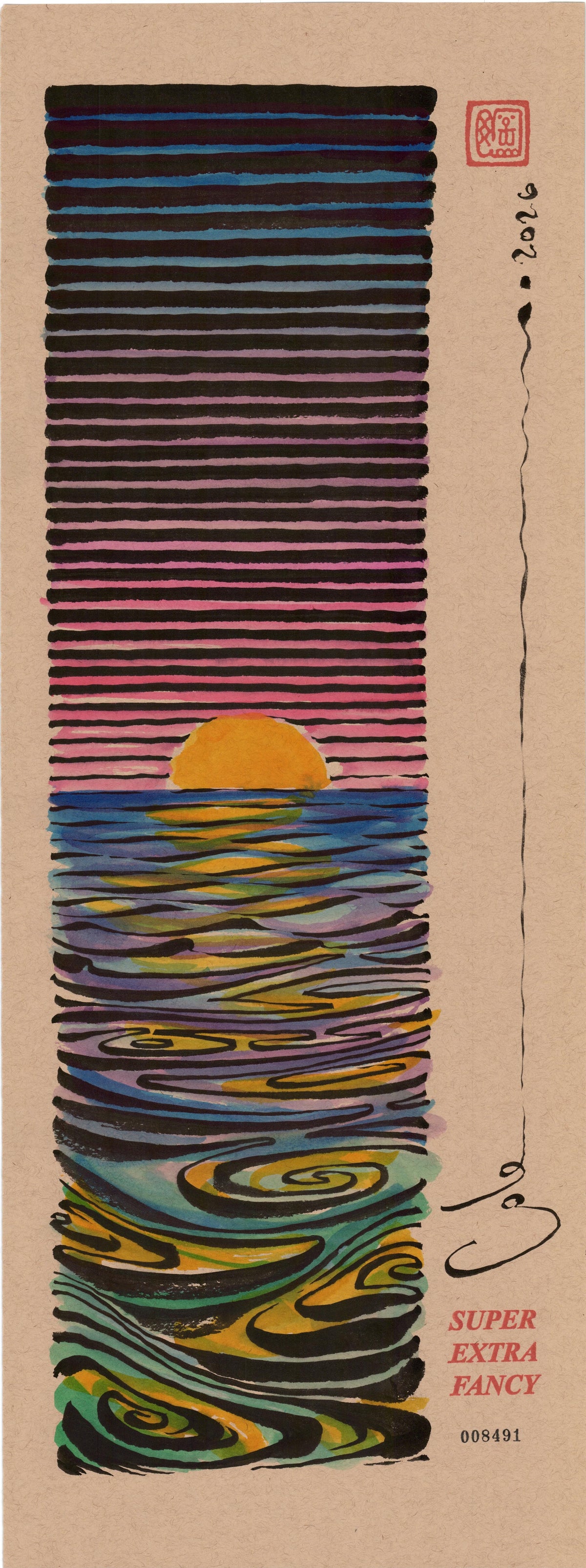 Sunset #8491 — 9x24 inch original ink and watercolor drawing of a sun on the horizon over spiralling water, on kraft paper