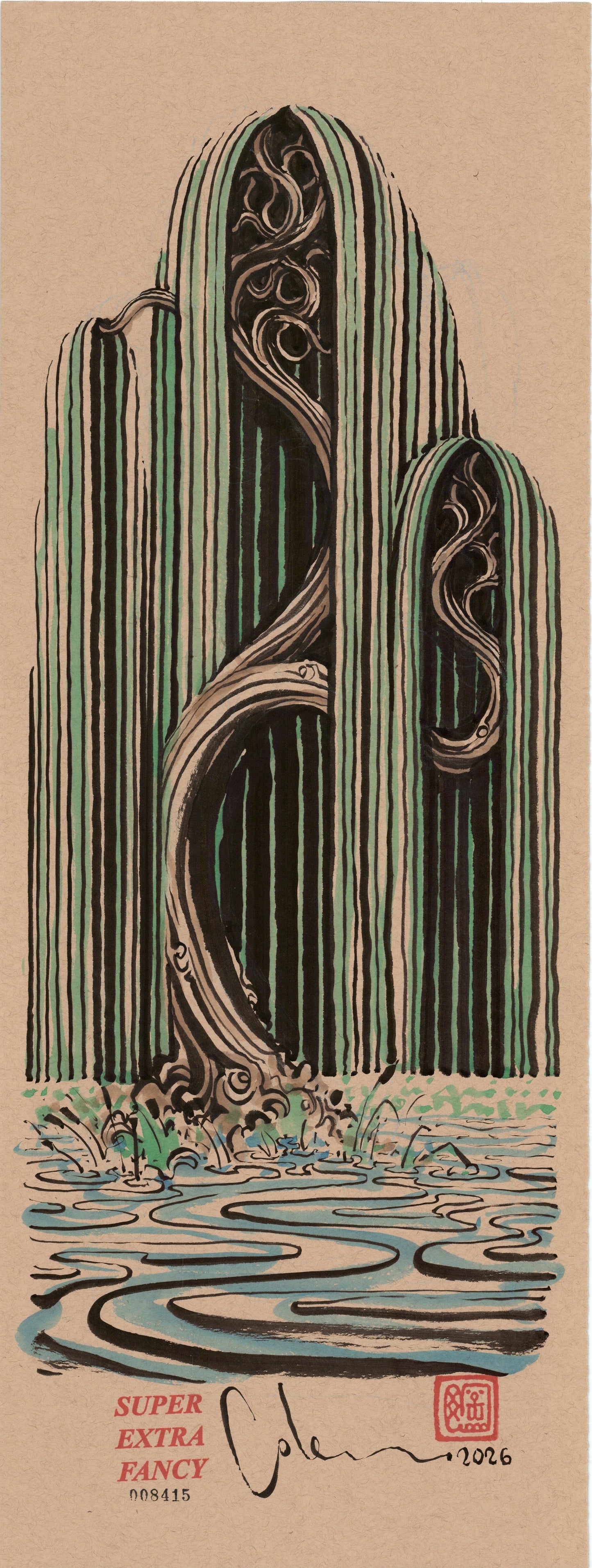 Green Willows #8415 — 9x24 inch original ink-brush drawing of green and black striped willows standing in blue rippling water on kraft paper