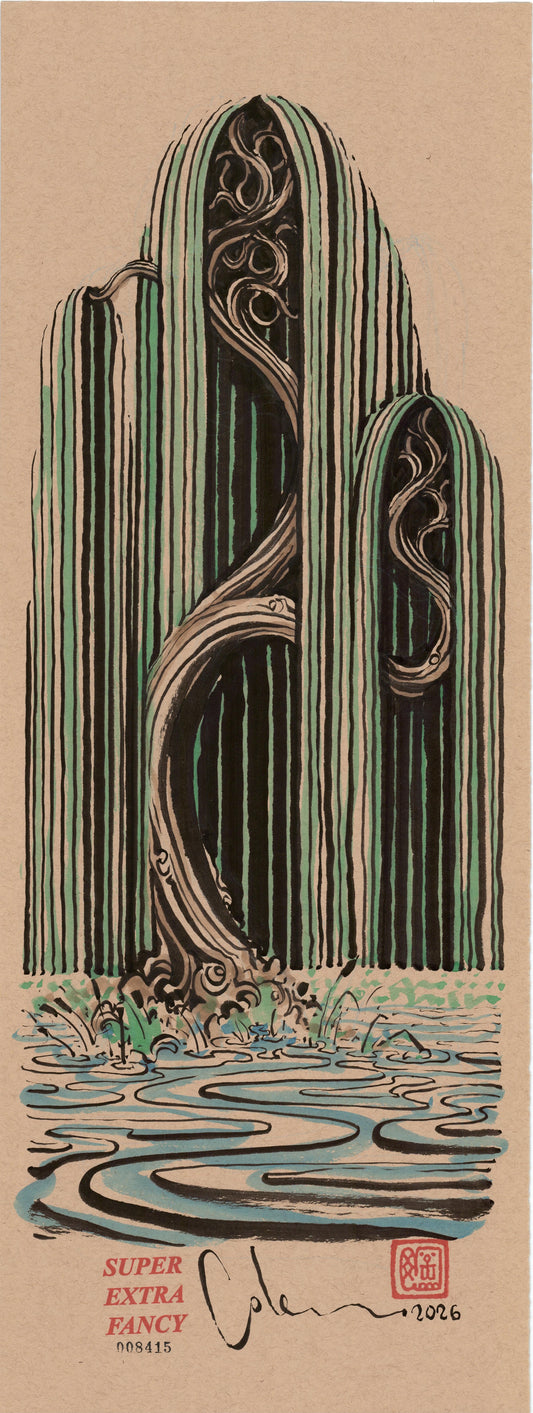 Green Willows #8415 — 9x24 inch original ink-brush drawing of green and black striped willows standing in blue rippling water on kraft paper