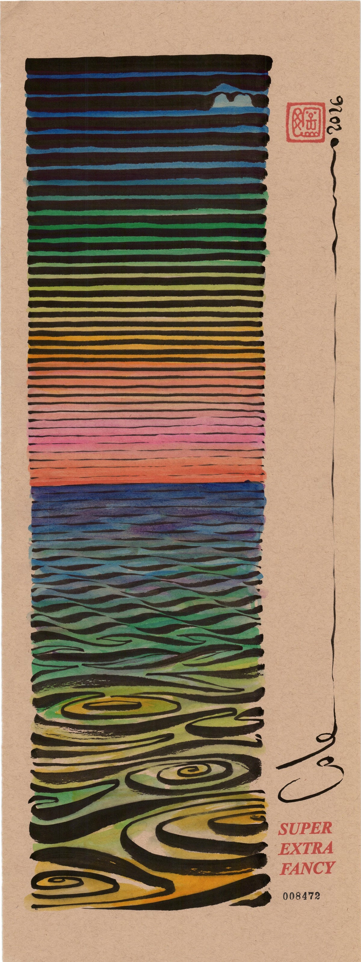 Sunset #8472 — 9x24 inch original ink and watercolor drawing of an afterglow sky over spiralling water, on kraft paper