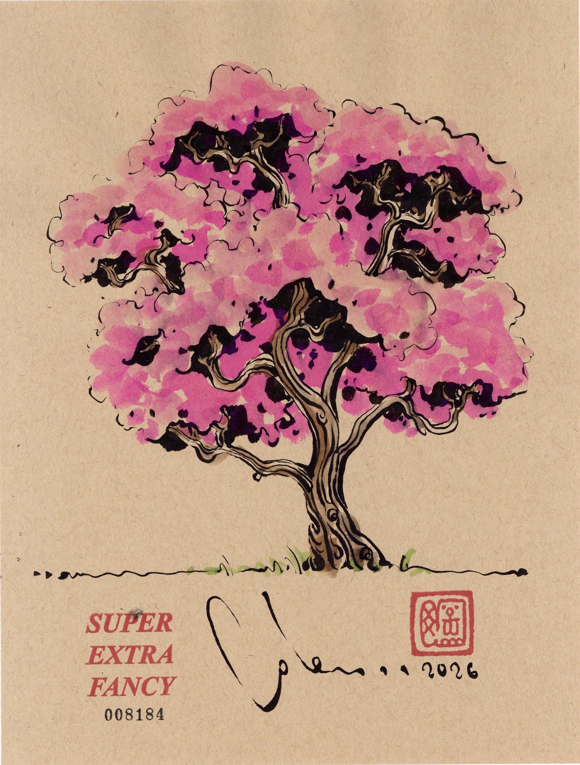 Cherry Blossom #8184 — 9x12 inch original ink brush drawing of a cherry tree in full pink bloom