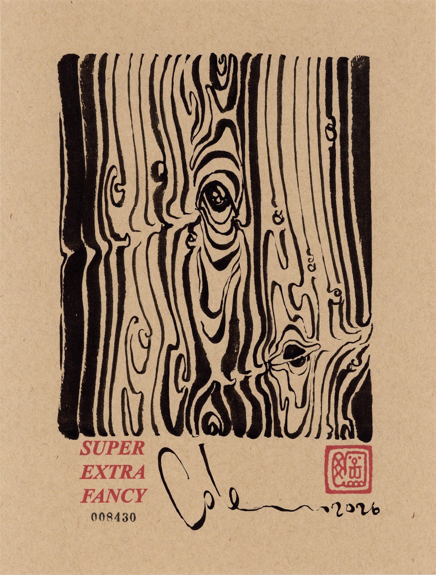 Woodgrain Knots — left-hand-drawn ink brush drawing on kraft paper, dense vertical wood grain rippling around knots that open into eyes. Super Extra Fancy original #8430.