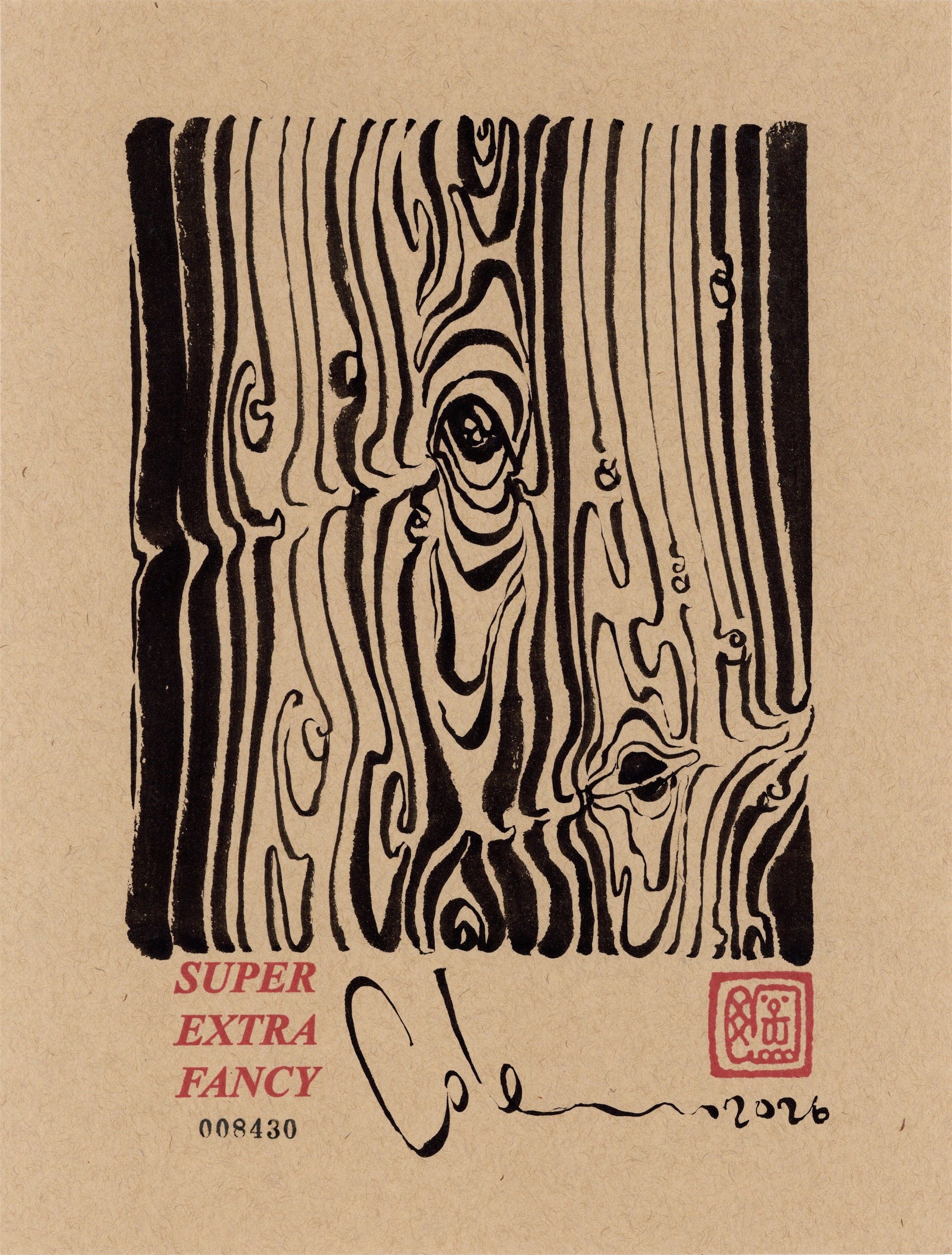 Woodgrain Knots — left-hand-drawn ink brush drawing on kraft paper, dense vertical wood grain rippling around knots that open into eyes. Super Extra Fancy original #8430.