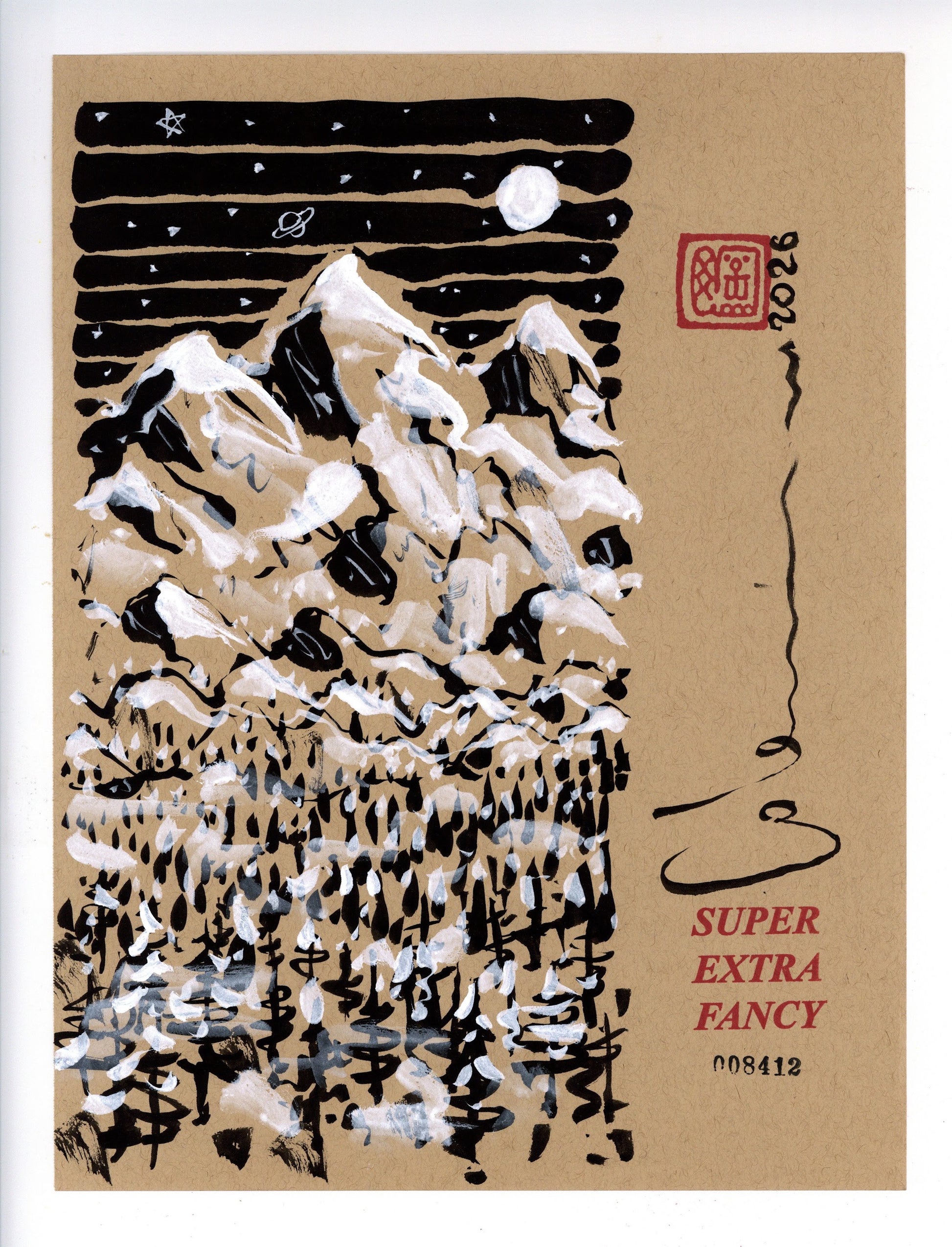 Moonlit Mountains #8412 — 9x12 inch original ink-brush drawing of snowy peaks in white ink under a black banded night sky with a full moon, on kraft paper