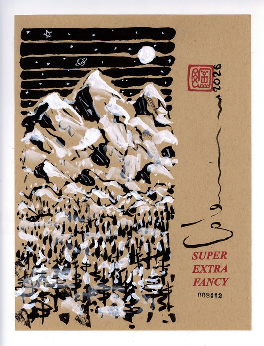Moonlit Mountains #8412 — 9x12 inch original ink-brush drawing of snowy peaks in white ink under a black banded night sky with a full moon, on kraft paper