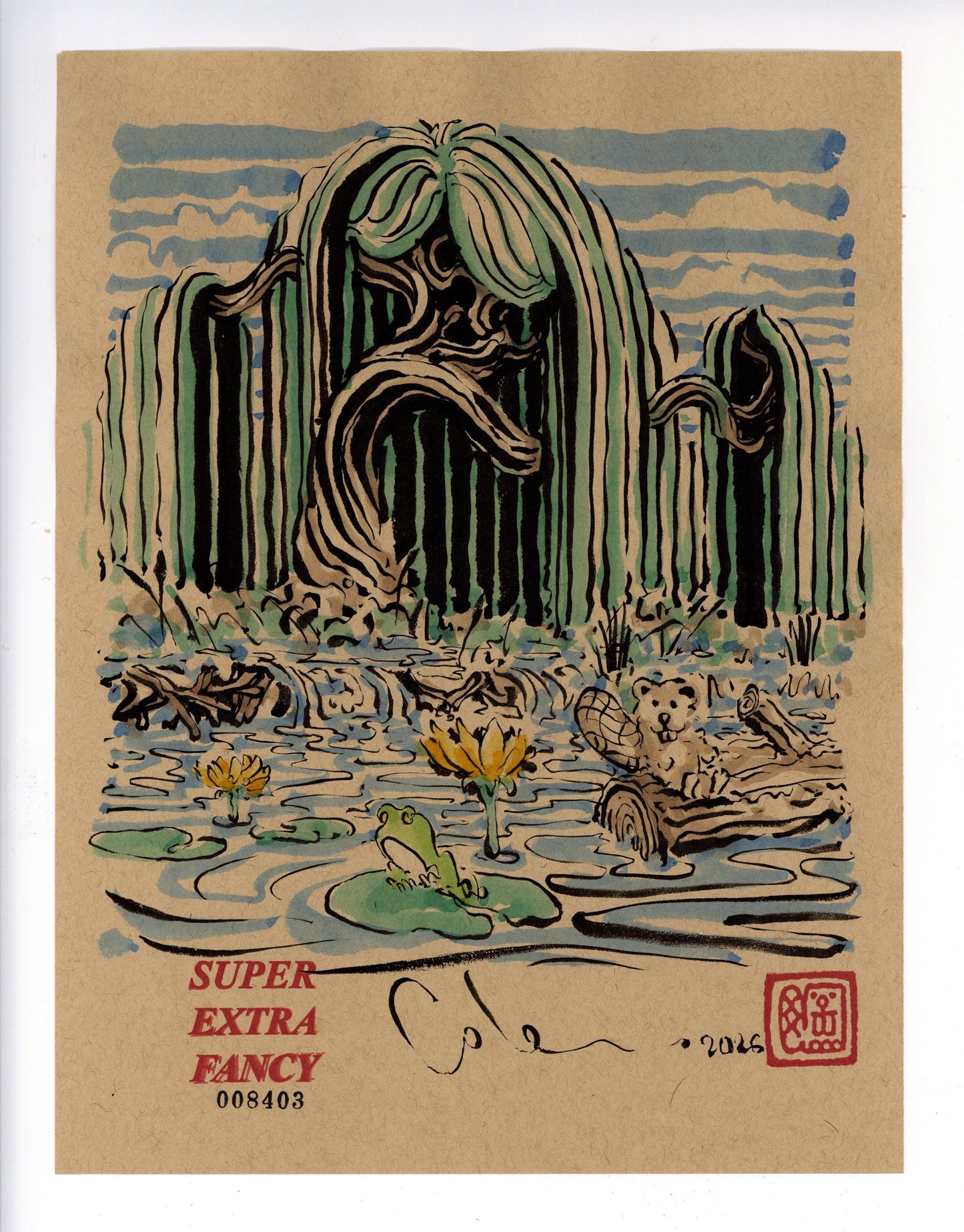 Frog Pond #8403 — 9x12 inch original ink-brush drawing of a willow over a pond with yellow water lilies, a frog and a beaver, on kraft paper