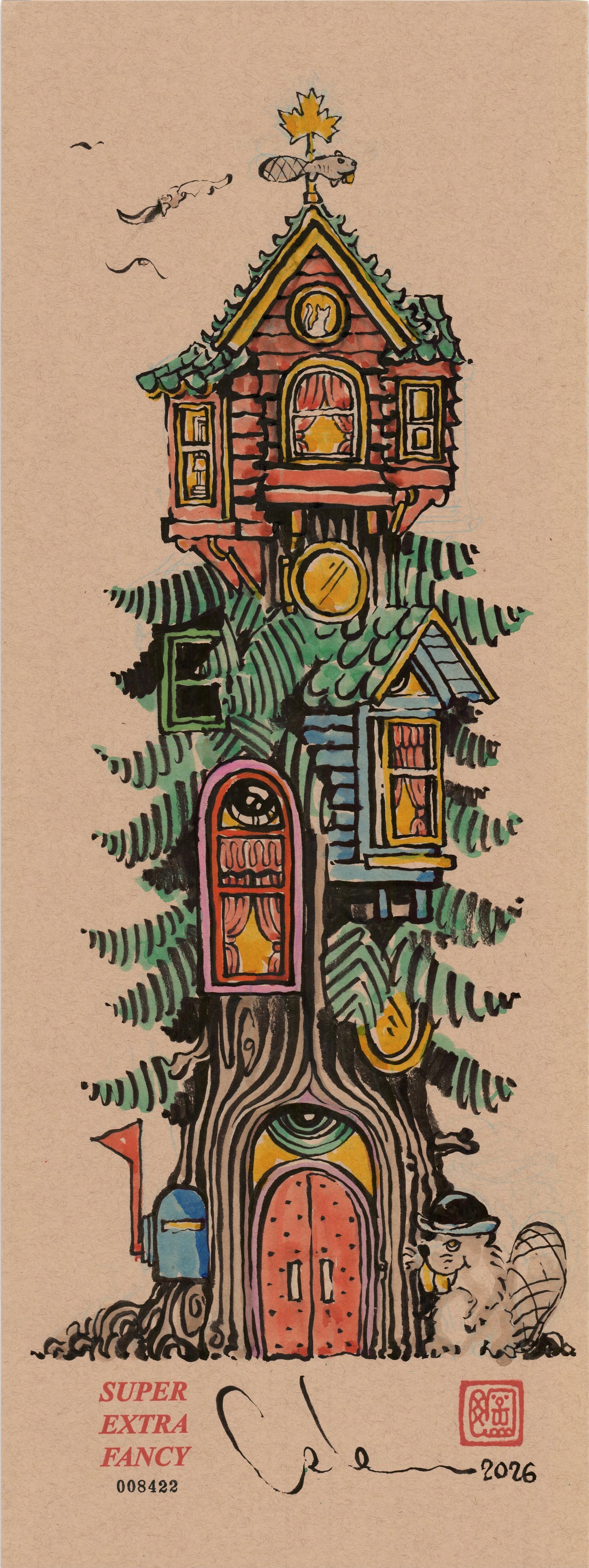 Treehouse Tower #8422 — 9x24 inch original ink-brush drawing of three colorful cabins stacked up a tree trunk with ferns and a beaver at the base, on kraft paper
