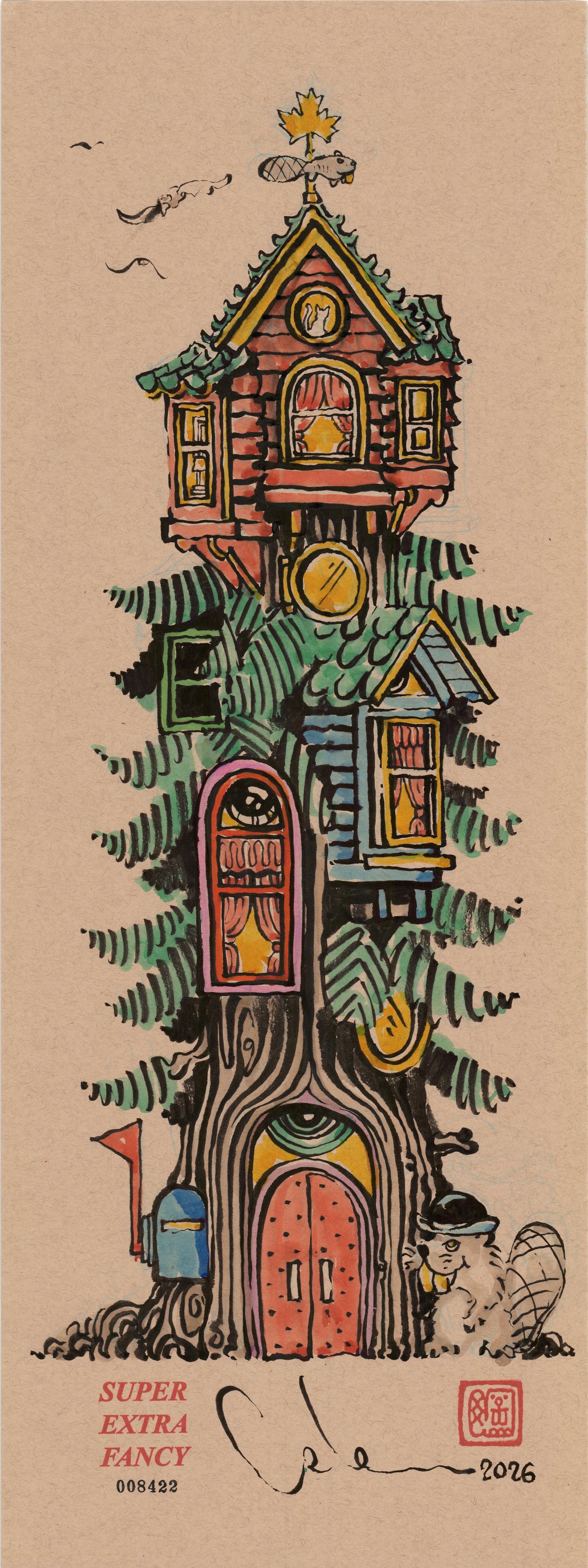 Treehouse Tower #8422 — 9x24 inch original ink-brush drawing of three colorful cabins stacked up a tree trunk with ferns and a beaver at the base, on kraft paper