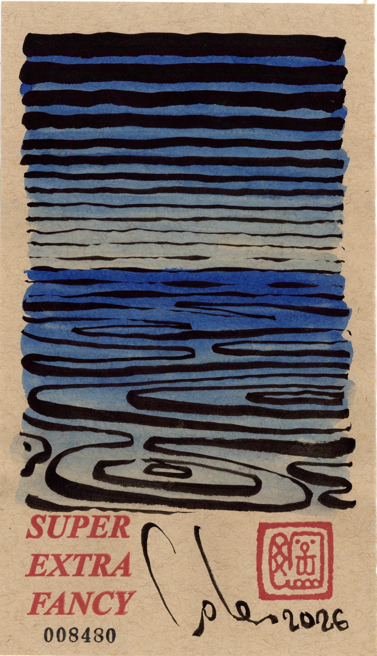 Sunset #8480 — 5x8.5 inch original ink and watercolor drawing of a blue seascape after sunset, on kraft paper