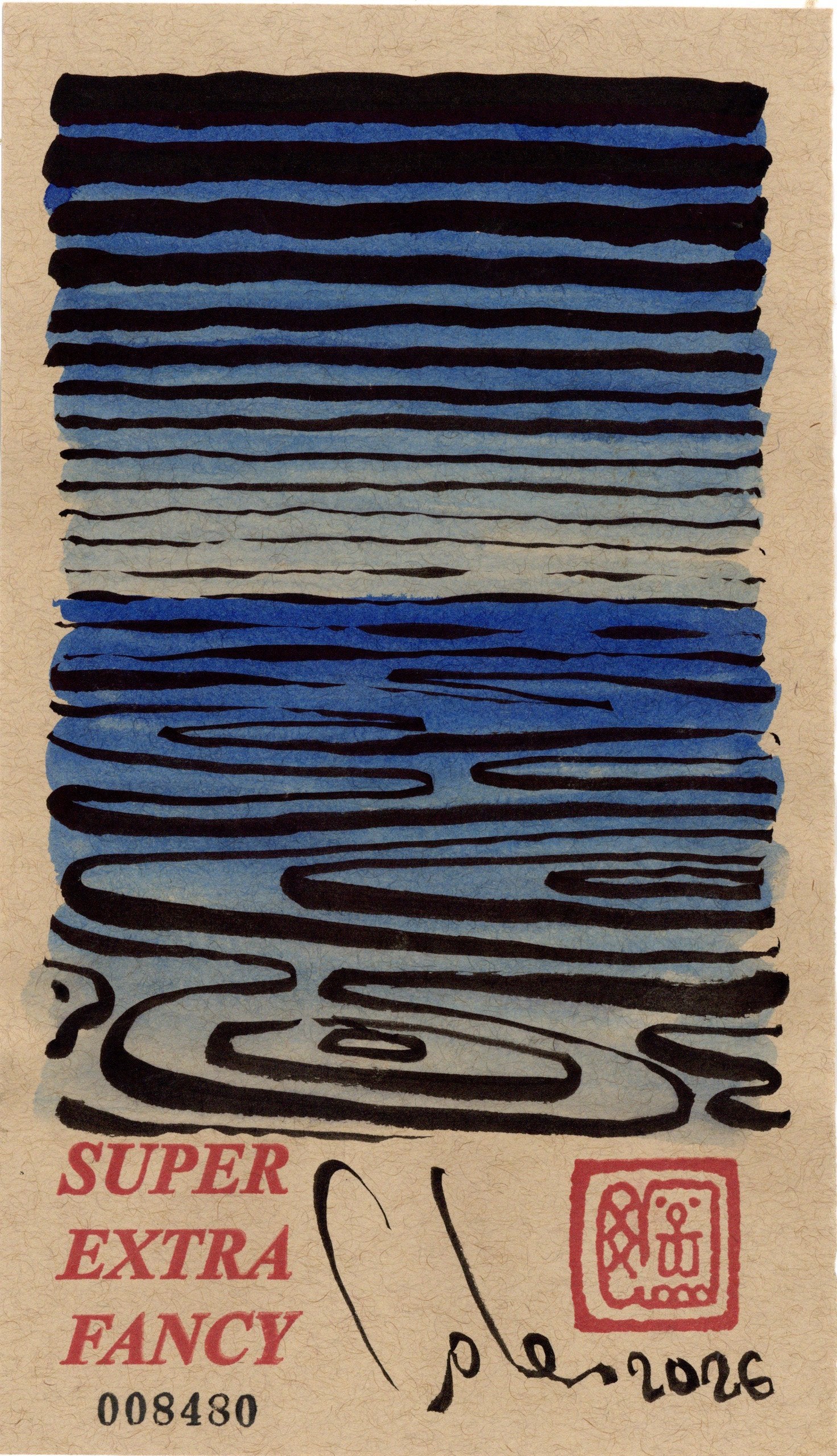 Sunset #8480 — 5x8.5 inch original ink and watercolor drawing of a blue seascape after sunset, on kraft paper