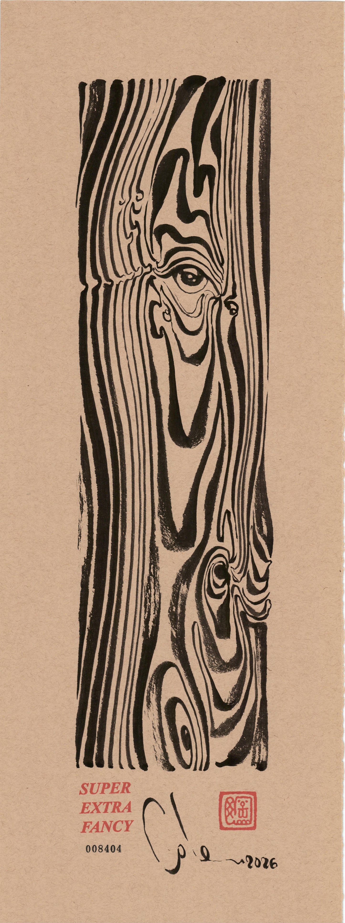 Plank #8404 — 9x24 inch original black ink-brush drawing of a wood plank with long grain and three knots on kraft paper