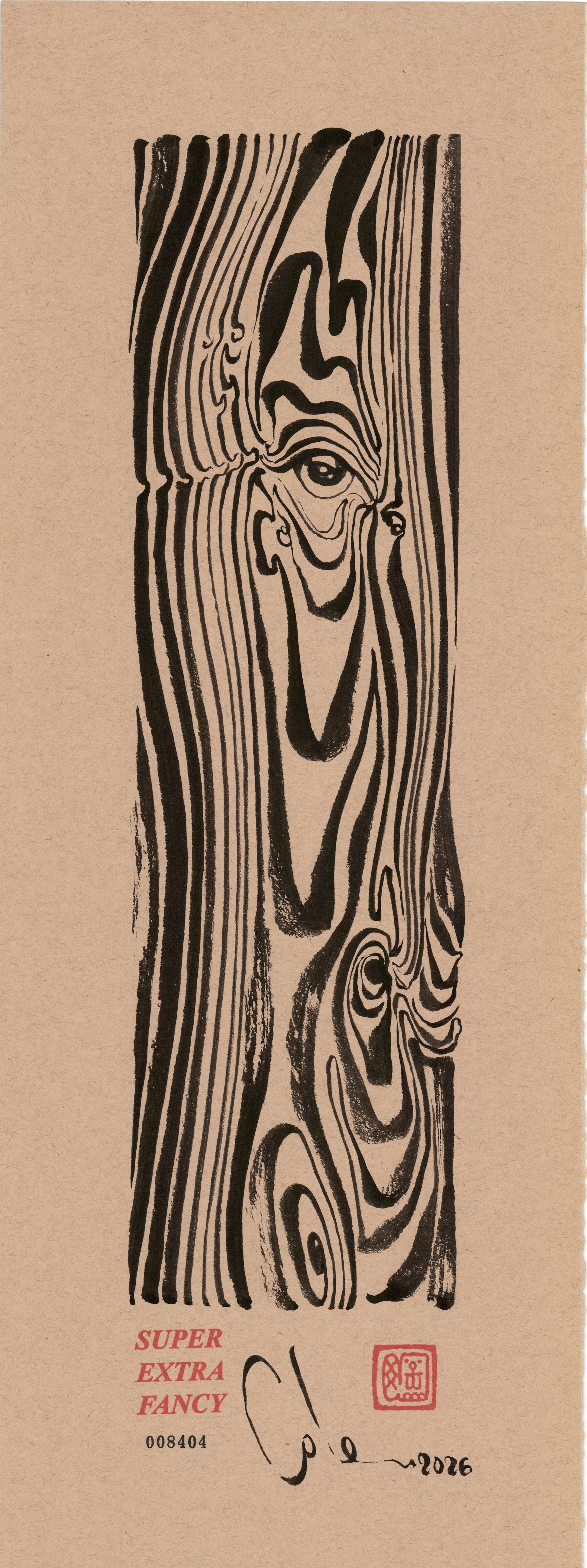 Plank #8404 — 9x24 inch original black ink-brush drawing of a wood plank with long grain and three knots on kraft paper