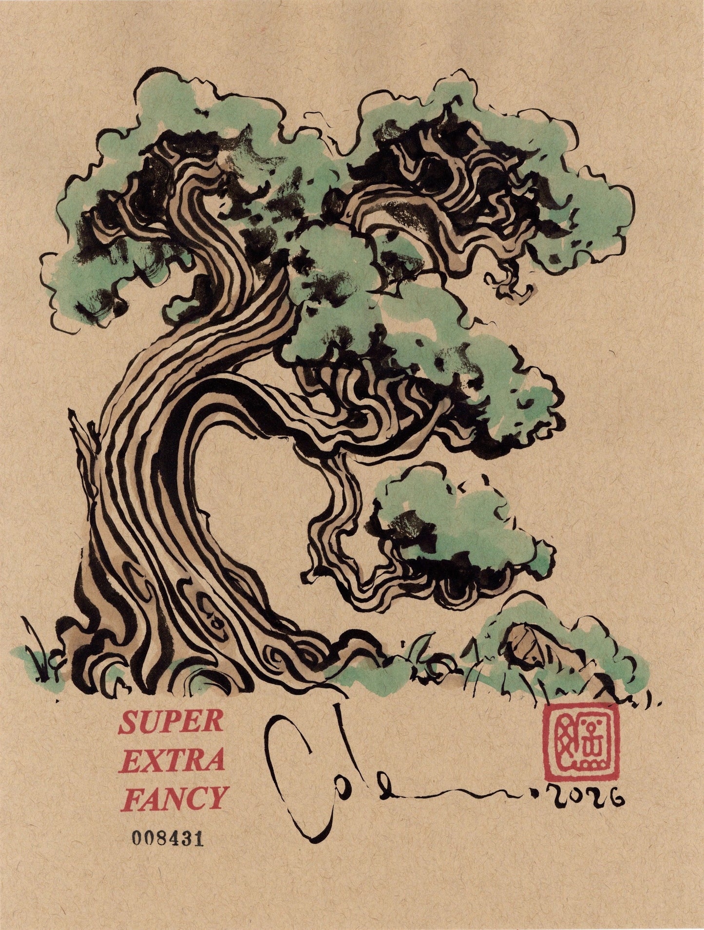Windswept Pine — left-hand-drawn ink brush drawing on kraft paper, a gnarled pine leaning hard with pale green wash foliage. Super Extra Fancy original #8431.