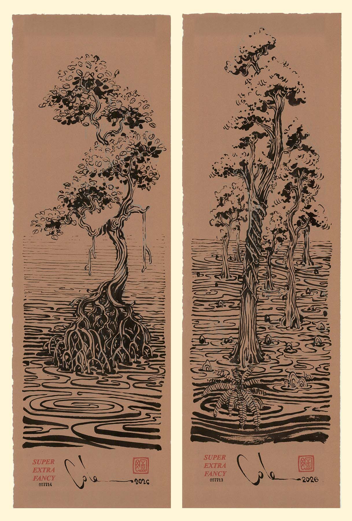 Mangrove & Bald Cypress (14x30") Large Original Drawing · #7713 & #7714