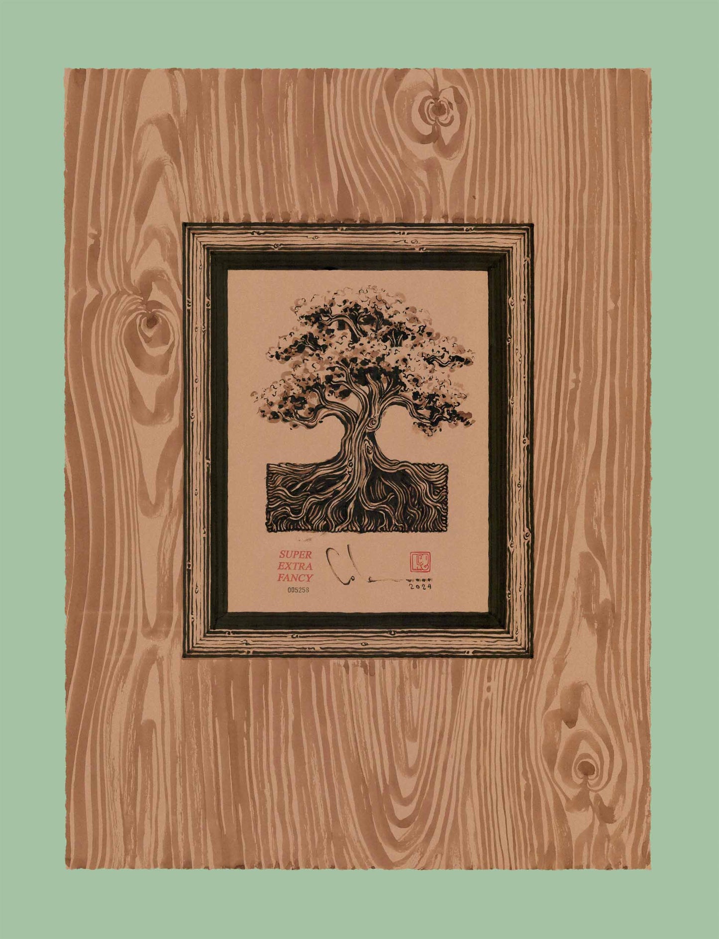 22x30" Drawing of a "Drawing of an Oak Tree in an Wood Frame"