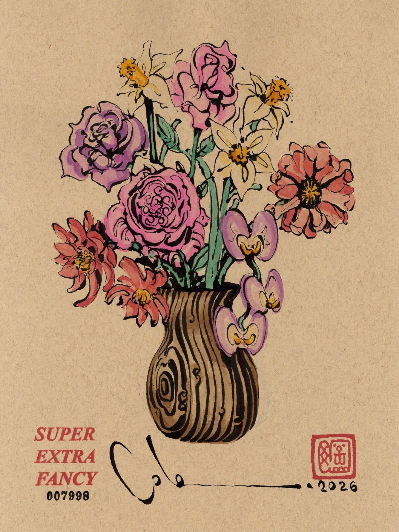 Flower Bouquet drawing 007998 - 9x12 hand-drawn to order