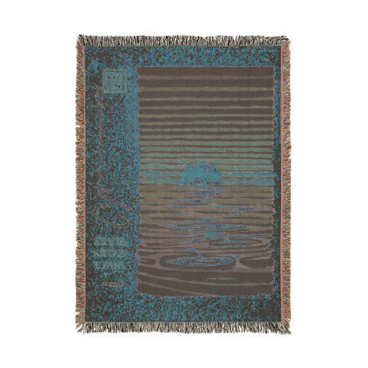 Reverse side of the woven blanket, where the weave shows the sunset drawing in inverted blue and brown tones