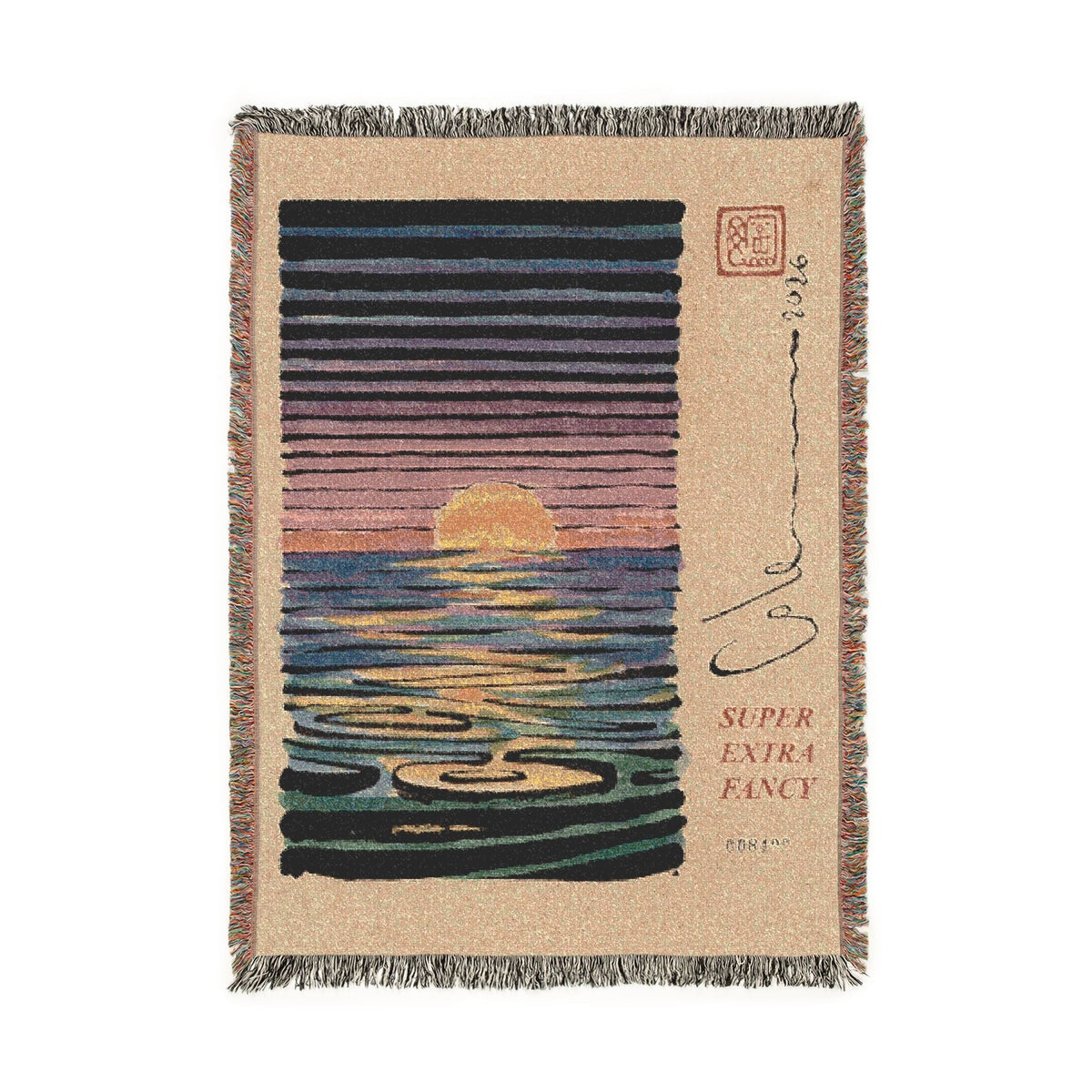 Woven cotton blanket with fringed edges laid flat: an ink drawing of a sunset over water in stacked horizontal lines, with the SUPER EXTRA FANCY wordmark, red stamp and signature down the right edge