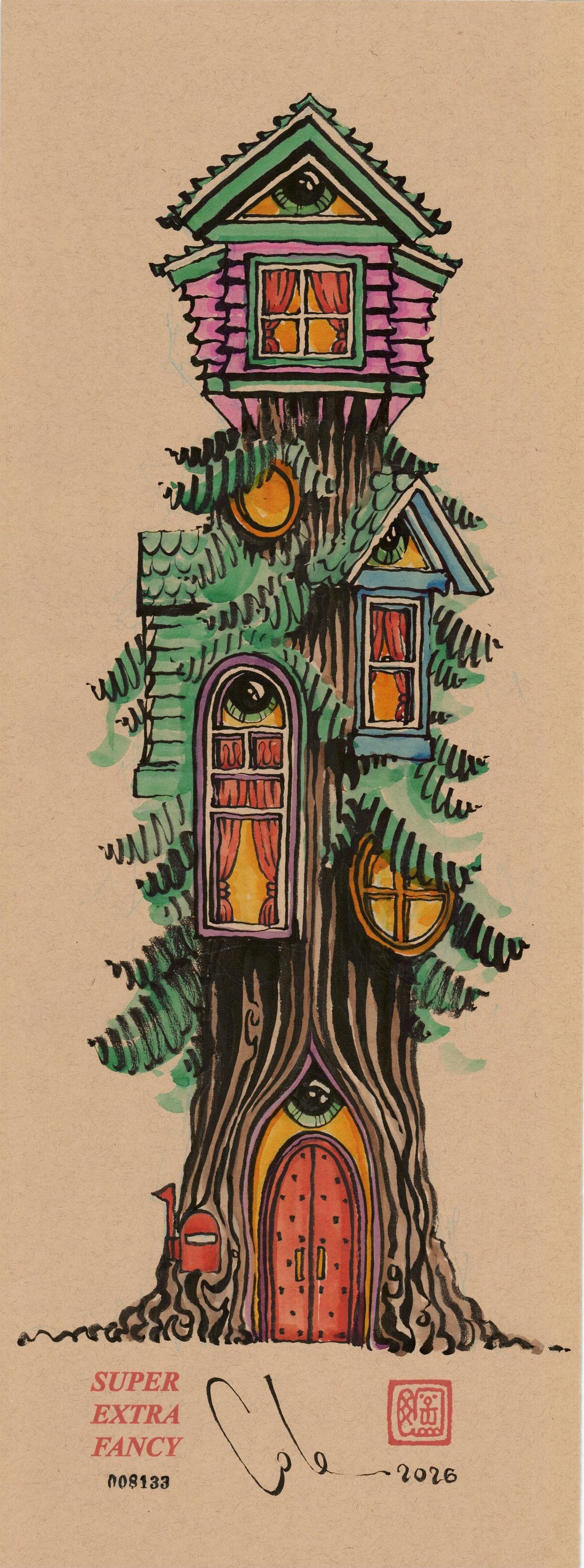 Treehouse #8133 — 9x24 inch original ink-brush drawing on kraft paper: a tall house stacked up a fir with a green gable and an eye in the peak, pink siding, lit arched windows and a red door at the roots