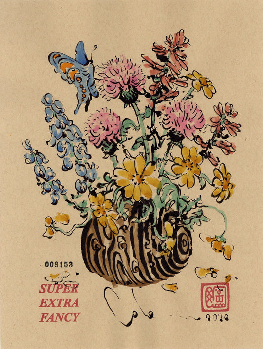 Butterfly Bouquet #8153 — 9x12 inch original ink-brush drawing on kraft paper: a round wood-grain vase of pink thistles, yellow daisies, red blooms and blue bells, with a blue and orange butterfly at the upper left
