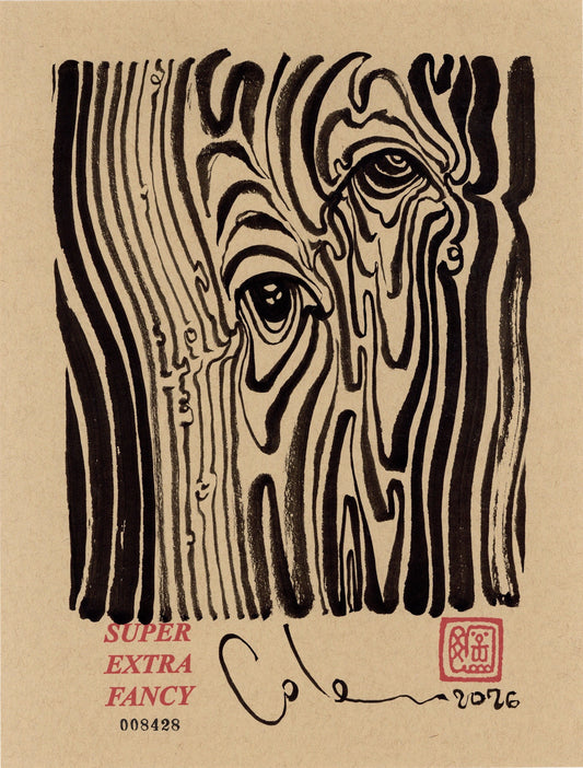Woodgrain Eyes #8428 — 9x12 inch original black ink-brush drawing of wood grain flowing around two knots that read as eyes, on kraft paper