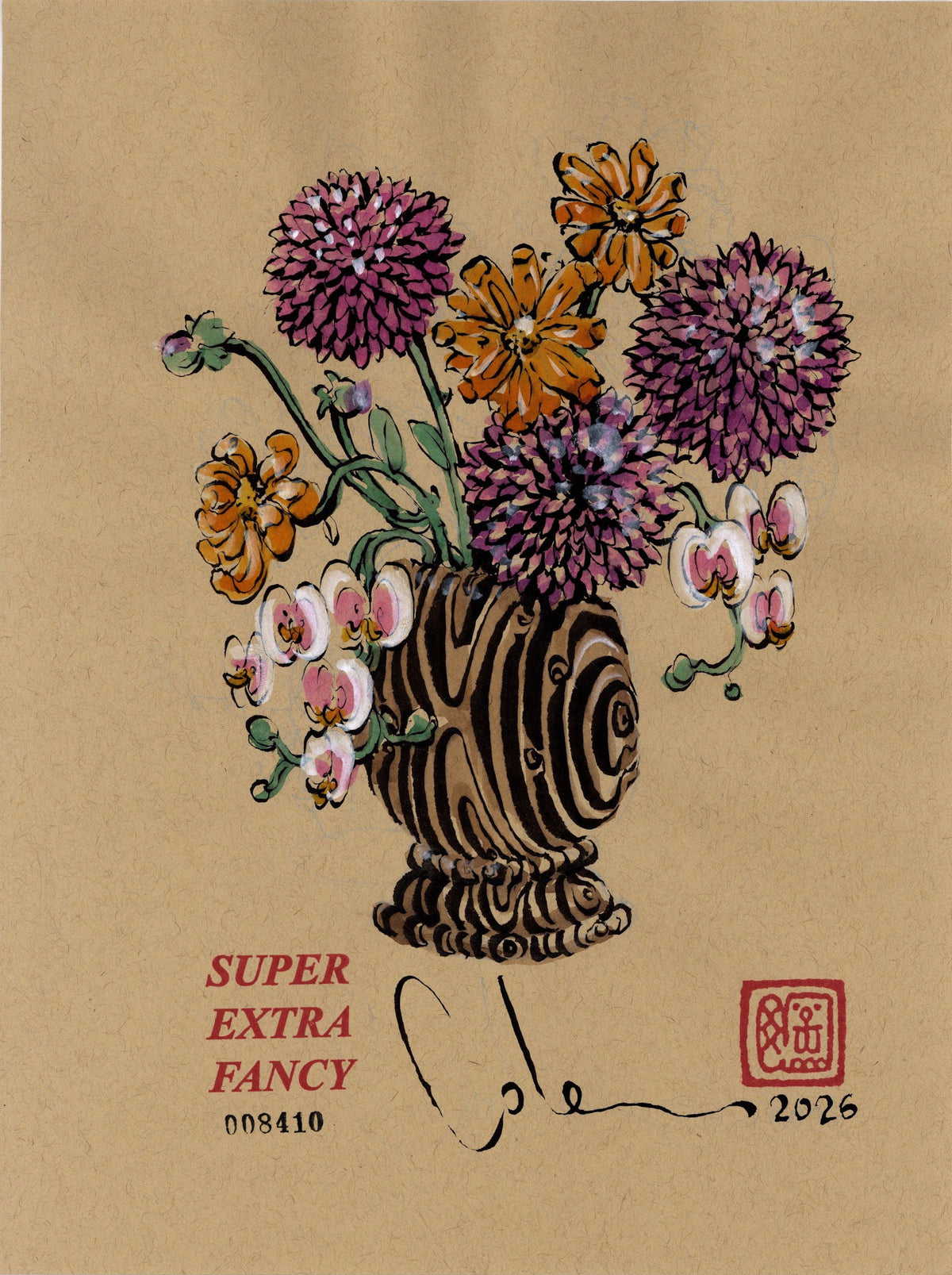 Chrysanthemum Vase #8410 — 9x12 inch original ink-brush drawing of a ribbed wood-grain urn with purple chrysanthemums, orange daisies and pink orchids on kraft paper
