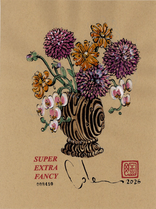 Chrysanthemum Vase #8410 — 9x12 inch original ink-brush drawing of a ribbed wood-grain urn with purple chrysanthemums, orange daisies and pink orchids on kraft paper