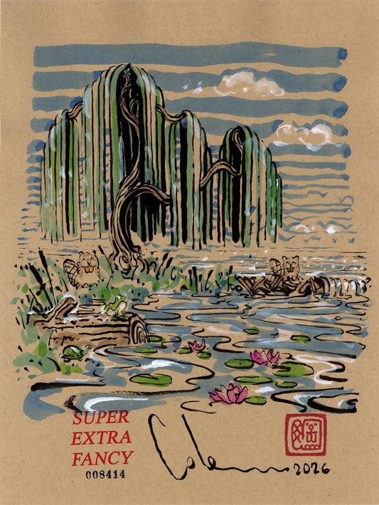 Willow Pond #8414 — 9x12 inch original ink-brush drawing of willows over water with beavers on the bank and pink water lilies, on kraft paper