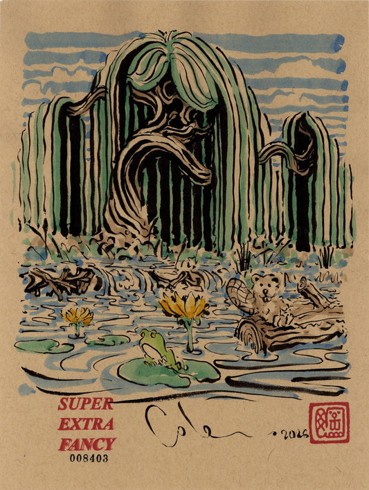 Frog Pond #8403 — 9x12 inch original ink-brush drawing of a willow over a pond with yellow water lilies, a frog and a beaver, on kraft paper