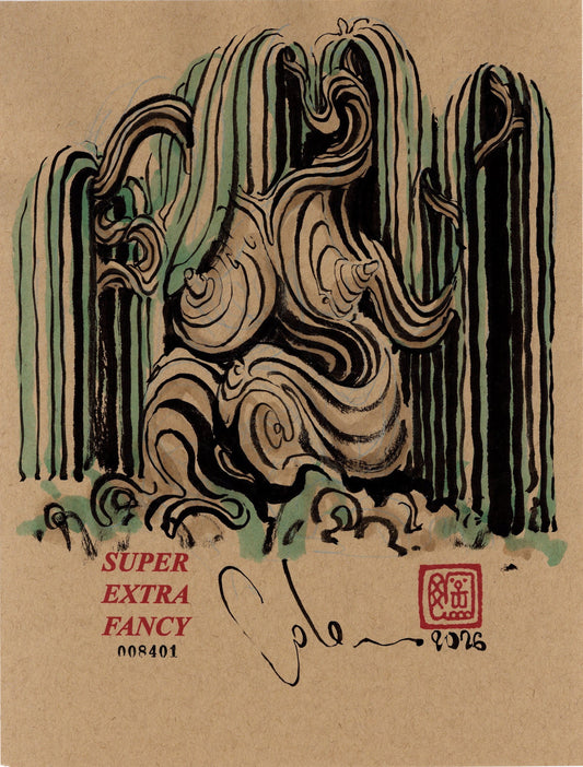 Green Willow #8401 — 9x12 inch original ink-brush drawing of a green and black willow curtain around a swirling grain knot on kraft paper